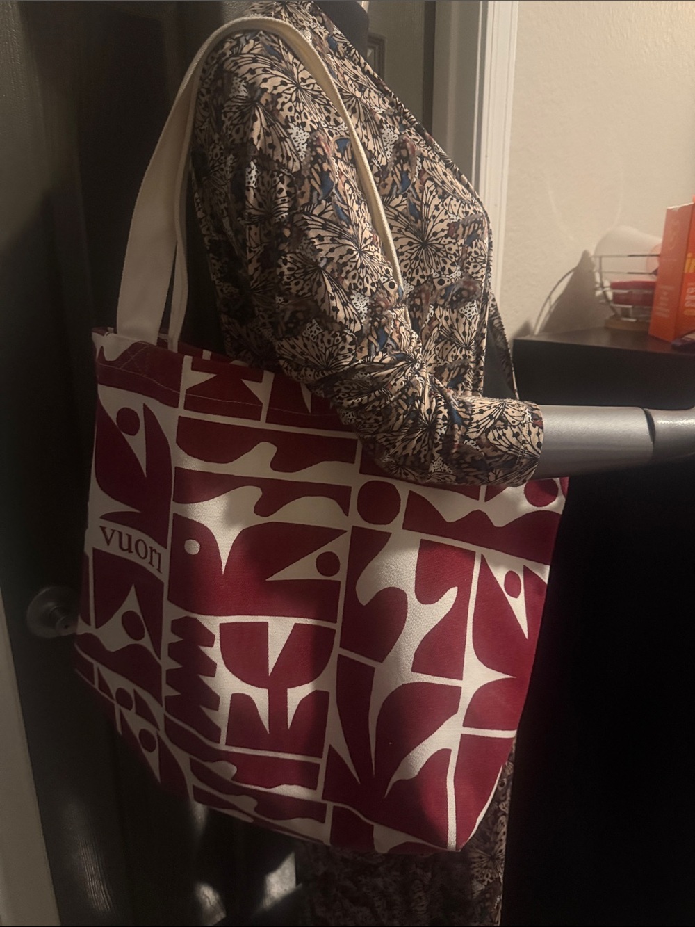 Vuori Burgundy and Cream Graphic Canvas Tote Bag